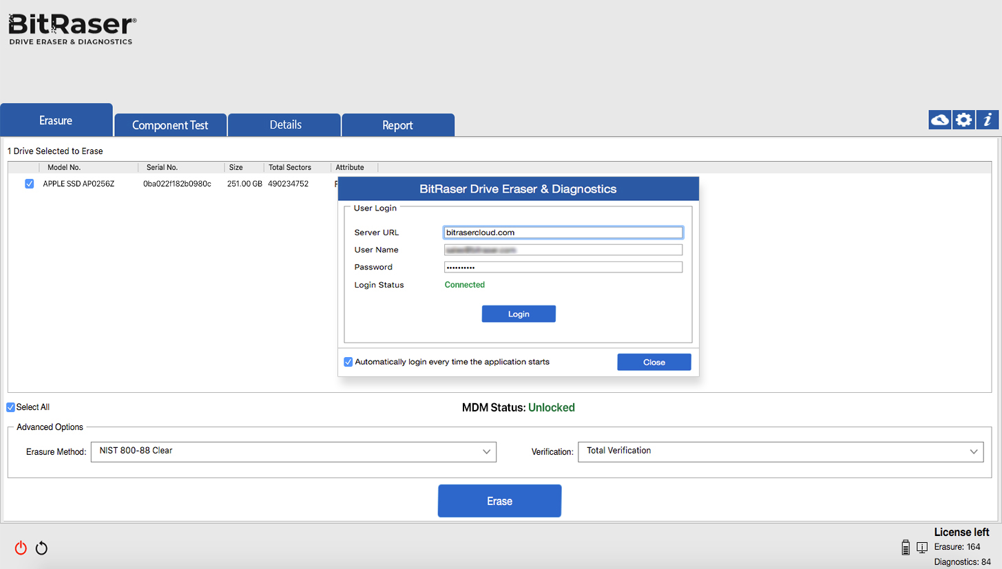 BitRaser Laufwerkslöscher & Diagnose Verbunden mit BitRaser Server